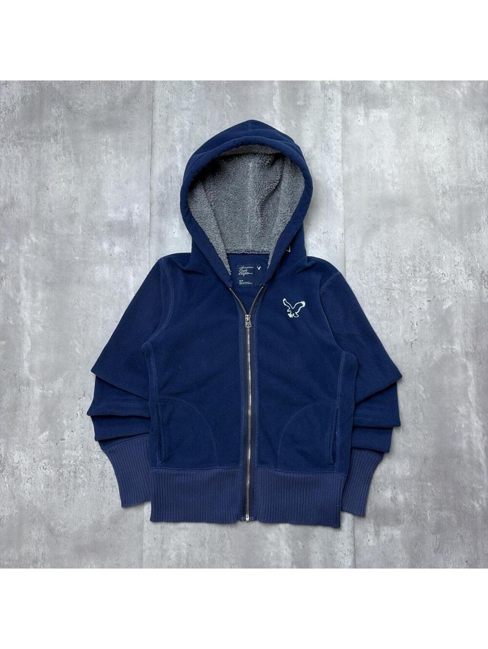 Y2K Navy American Eagle Grunge Sherpa Zip Up Hoodie